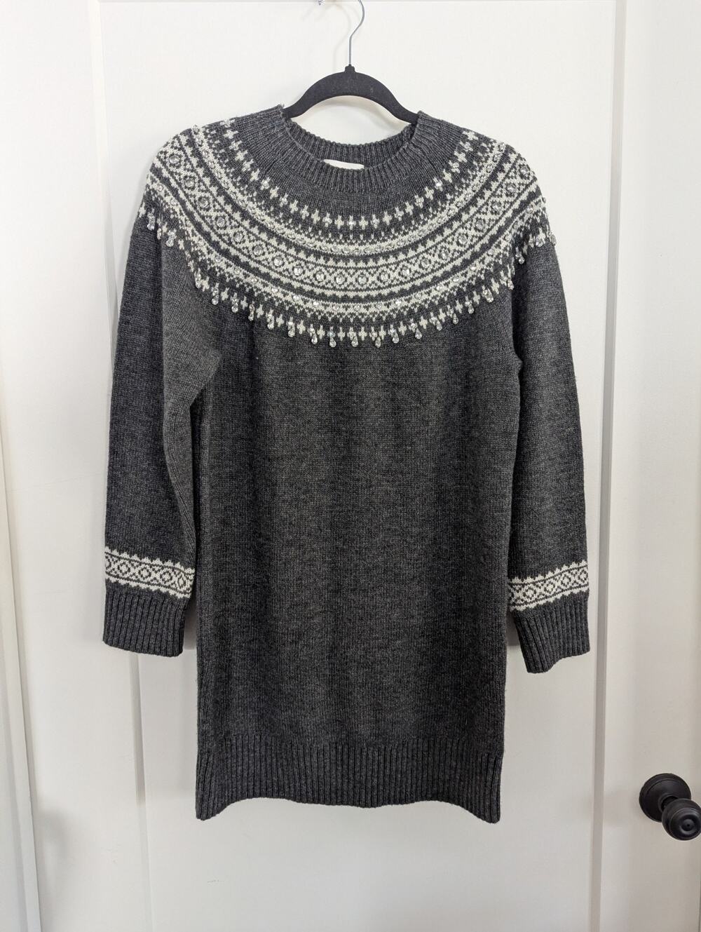 J.Crew Fair Isle Sweater Short Dress Small Embellishments Gray Wool Preppy EUC